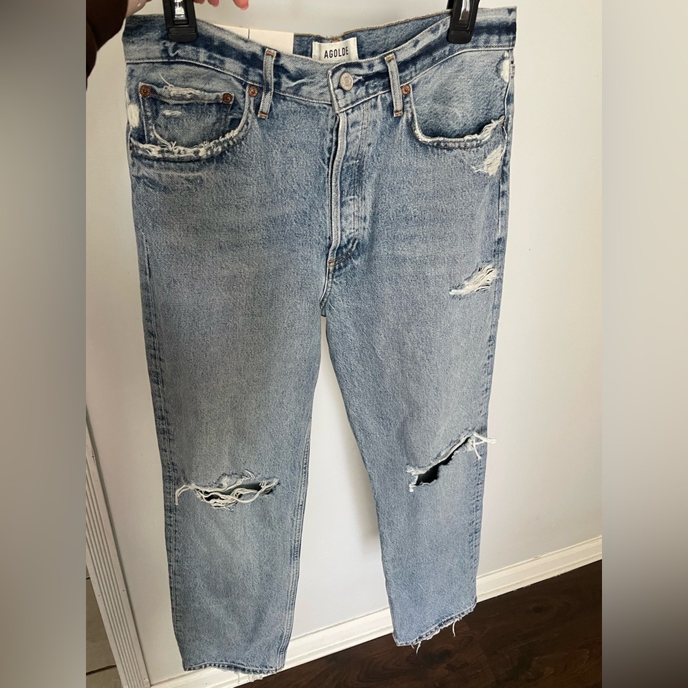 Agolde Light Blue Distressed Straight Leg Jeans